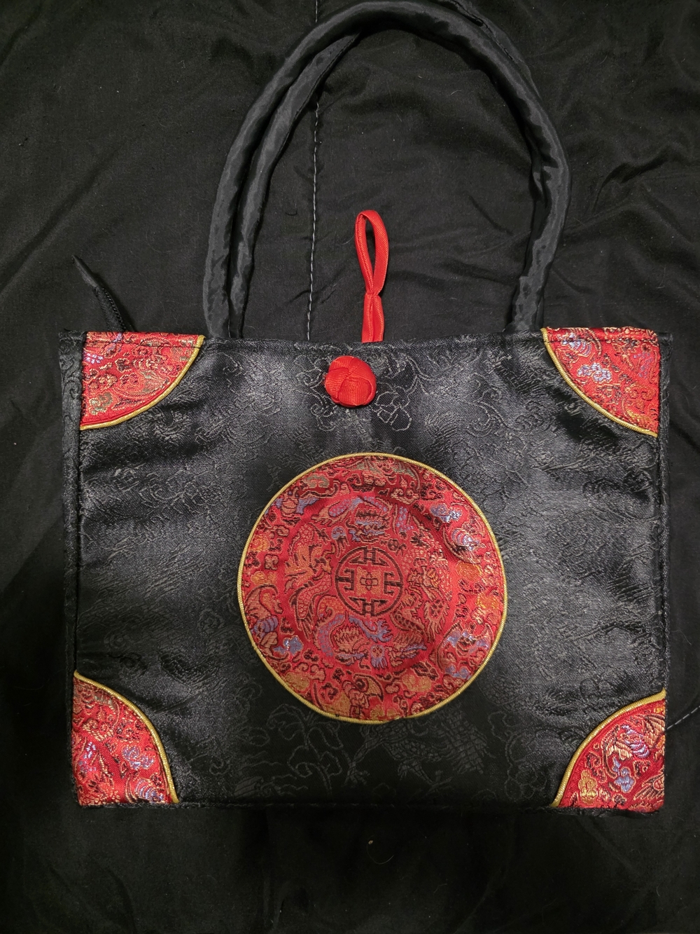 Black and Red Tote Bag with Oriental Embroidered Medallions